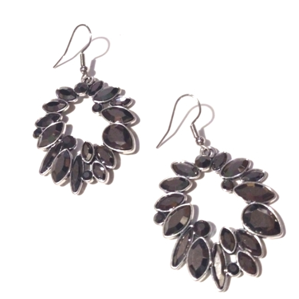 VINTAGE DARK GRAY RHINESTONE SILVER-TONE DROP DANGLE HOOK 2" EARRINGS